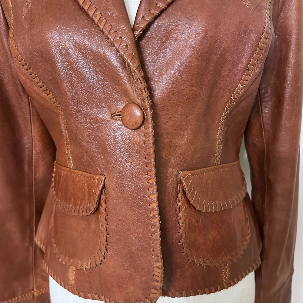 Y2K Aqua Cognac Brown Western Style Leather Blazer Floral Whipstitched Jacket M - Picture 4 of 8